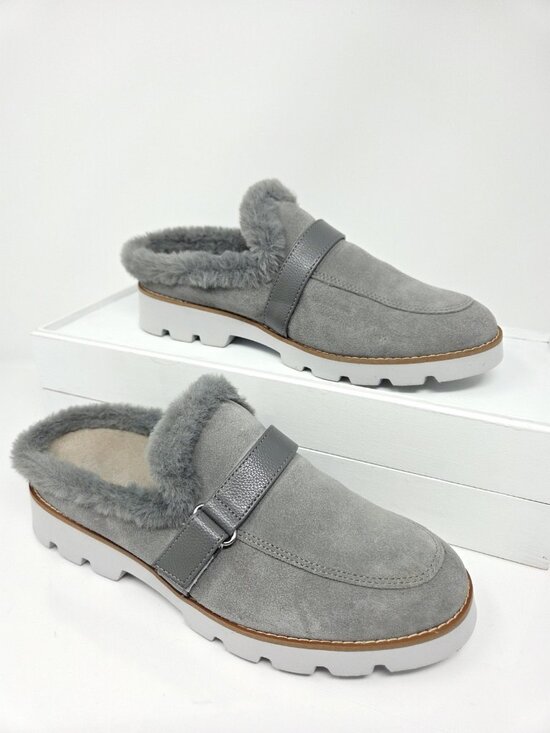 Vionic Shoes - Vionic Shoes Women 8 Kailen Mules Gray Suede Shearling Lining Lug Sole Slides